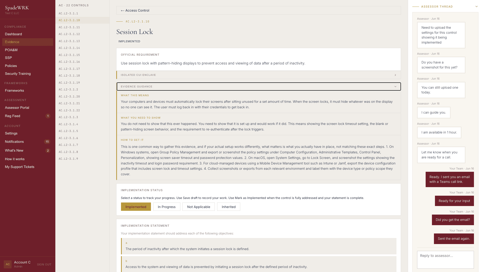 SpadeWRK evidence guidance for a session lock control, with plain-language explanation of what to show