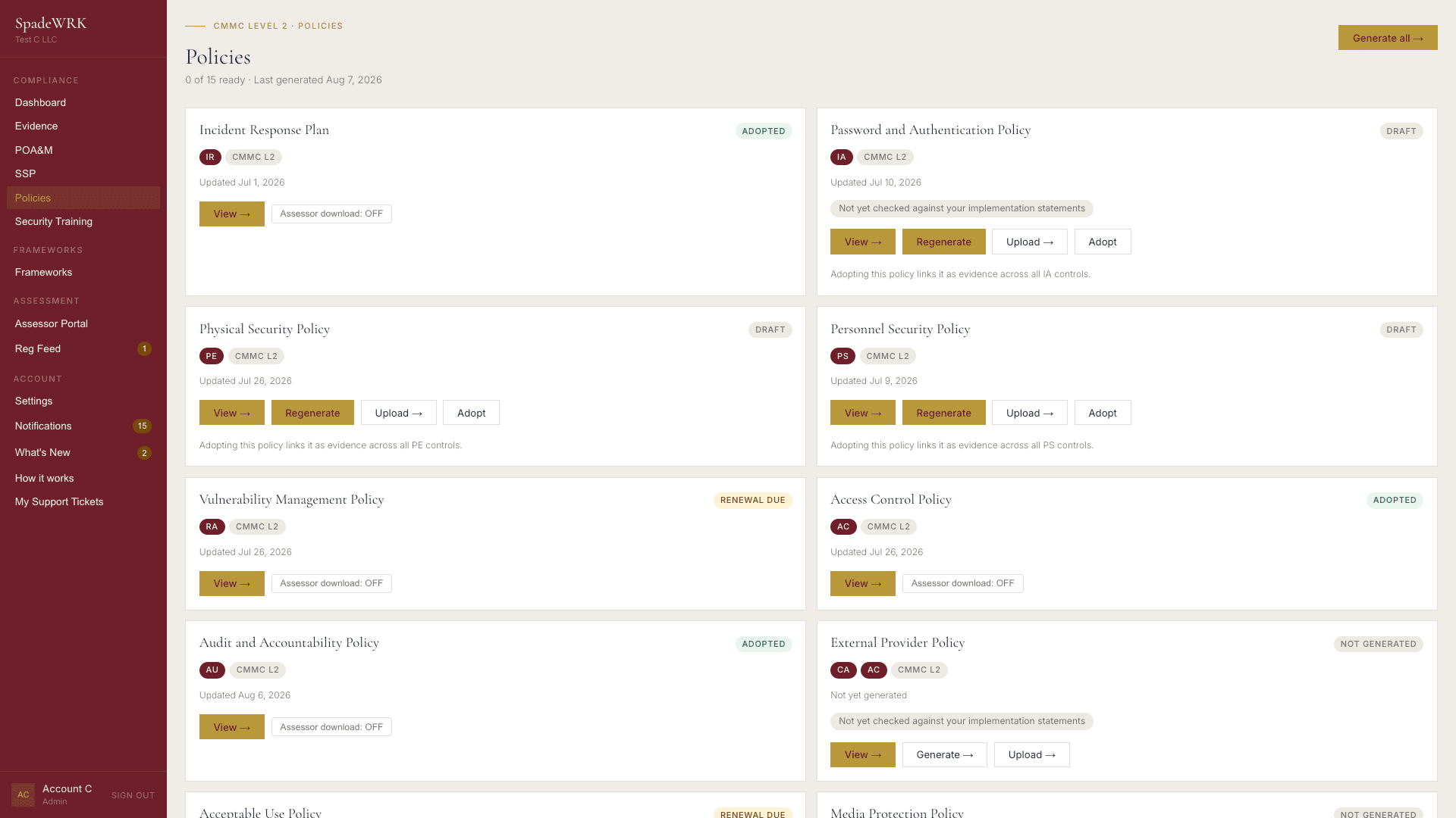 SpadeWRK policies screen showing generated, adopted, and draft compliance policies